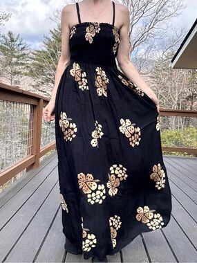 Vintage Handmade Indonesian Rayon Smocked Maxi Dress Black Tan Floral Boho